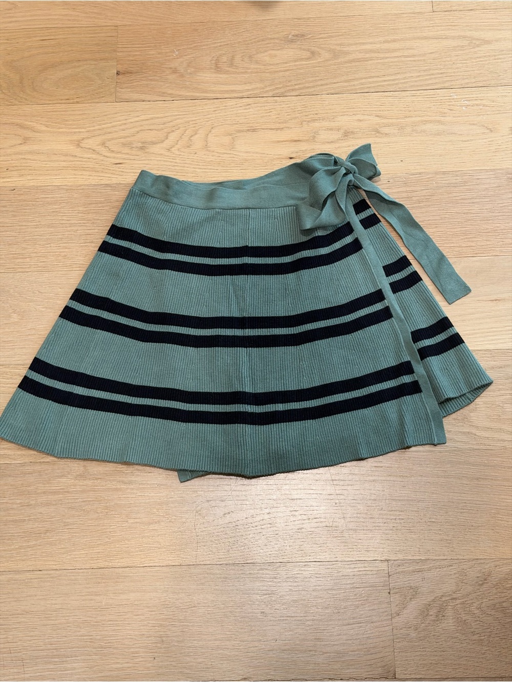 BEACH RIOT Tie-Waist Striped Knit Skirt in Sage Green and Black